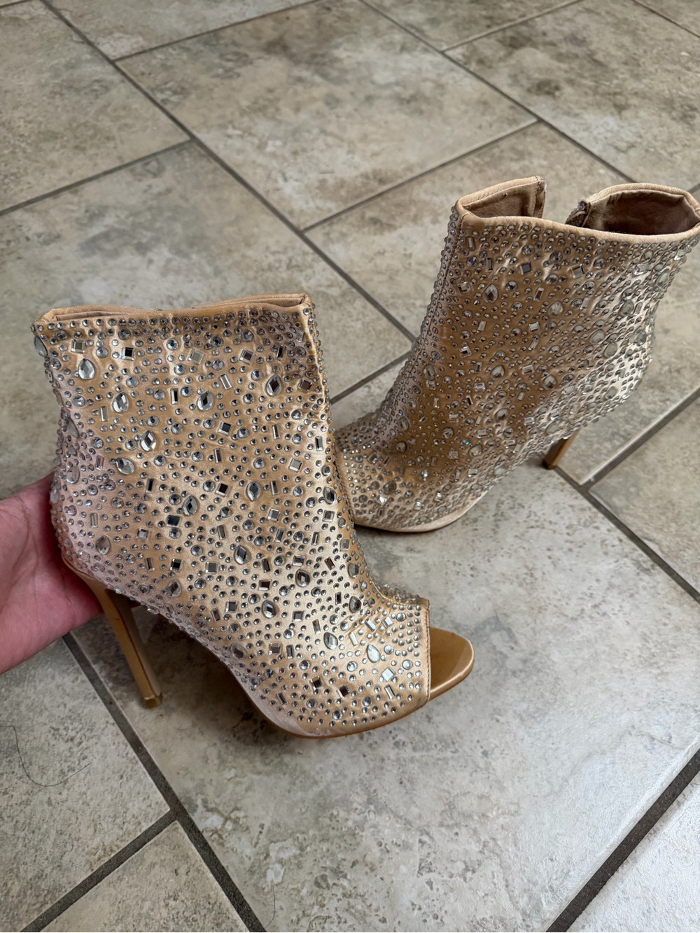 Nude Satin Rhinestone Boot Heels